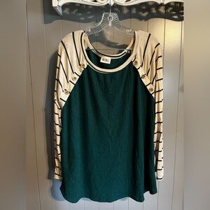 BIBI boutique top- green waffle knit/stripe sleeve cheetah elbow and buttons